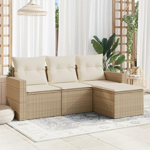 IKAYAA Rattan Gartenmöbel Set mit Stauraum Balkonsofa Kleiner Balkon Balkon Lounge Balkon Lounge klein Poly Rattan Lounge Gartenmöbel Ecklounge Ecksofa Gartengarnitur-Beige und Creme-4-tlg