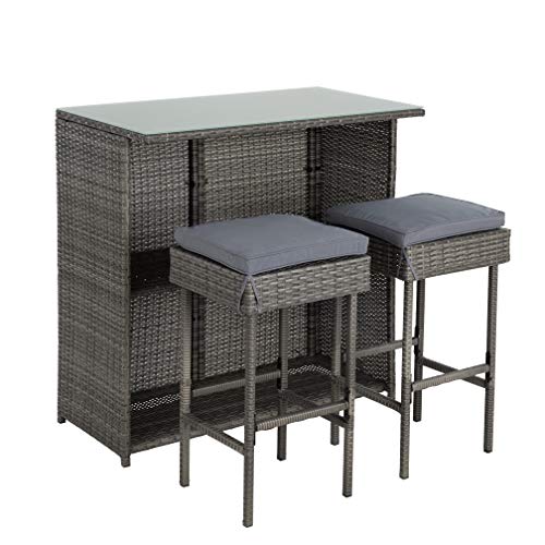 ESTEXO Polyrattan Gartenbar Gartenmöbel Sitzgruppe Bar Tresen Theke Tisch Barset Bartisch Stehtisch Gartentheke Bar Stuhl Sitzgruppe Grau