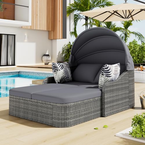 Jtyca Gartenlounge Set, Sonneninsel mit Verstellbarem Baldachin, Doppel-Lounge mit 4 Kissen und Abnehmbarem, Kissenbezug für Garten & Pool, PE-Rattan, Grau
