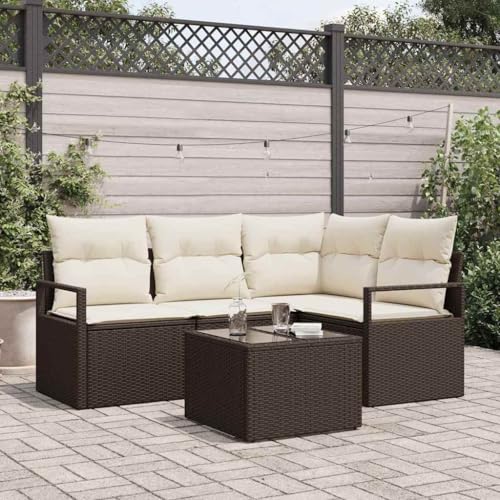 QJBSAVVA Gartensofa Set 5 TLG Braun Creme Poly Tisch 55 cmx55 cmx37 cm Stauraum Sitzkissen Modernes Design für kleine Balkon Terrasse