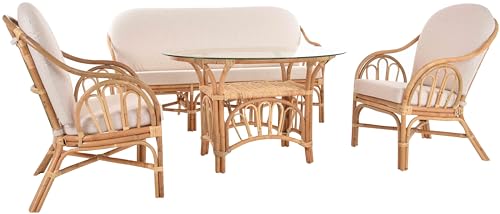Krines Home Wintergarten Rattangruppe Wintergartenset Rattan Garnitur Sitzgruppe Rattangarnitur Rattanmöbel Set (Natur, 4-teilig mit Dreisitzer Bank)