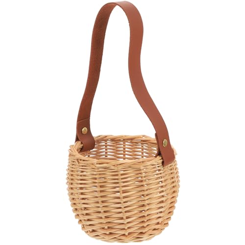 BESPORTBLE Kleiner Rattan Korb mit Henkel Handgefertigter Kleiner Aufbewahrungskorb aus Leder und Rattan Dekorativer Blumenkorb für Zuhause und Picknick