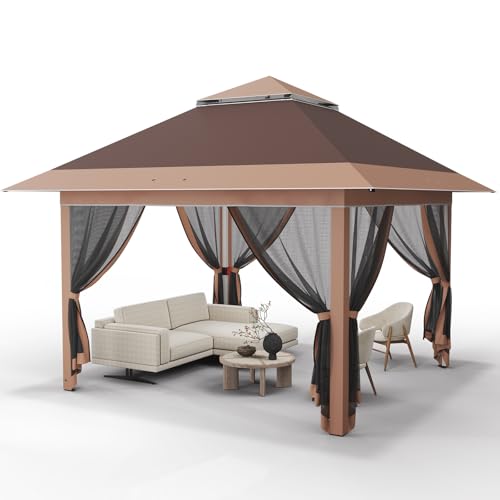 Devoko Pop Up Pavillon 3,25 x 3,25 Wasserdicht Stabil, Gartenpavillon mit Extra Großer Schattenfläche, Belüftetes Design, Geeignet für Haustiere, Ideal für Gärten und Festivals, Braun