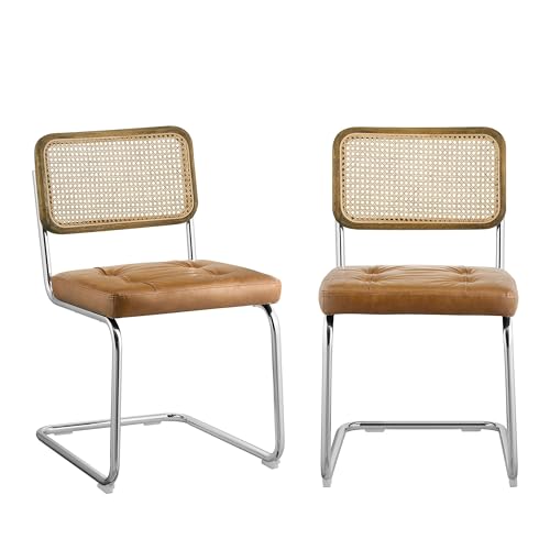 Zouron Esszimmerstühle 2er Set, Rahmen aus Echt Eichenholz, Kunstleder Küchenstuhl Freischwinger Stühle Besucherstuhl Polsterstuhl, Rattan geflochtene Rückenlehne, Chrom Metallbeine (Gelbbraun)