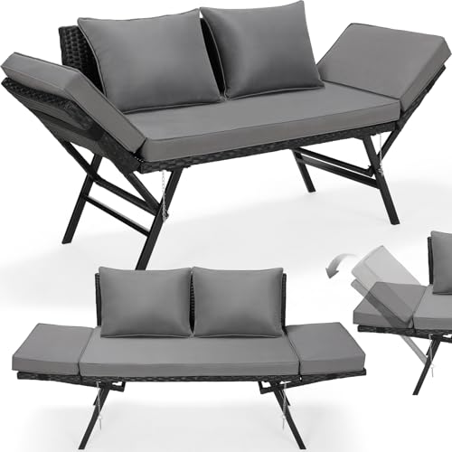 Gartenbank Polyrattan mit Liegefunktion, 2-Sitzer Polyrattan-Möbel, Rattan Gartensofa mit Verstellbare Armlehnen, Wetterfestes Balkon-Sofa, Gartenbank Wetterfest für Garten, Balkon,Terrasse (Schwarz)