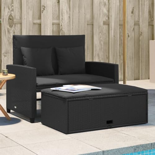 ChicAbode Gartensofa mit Kissen 2-Sitzer Outdoor Sofa mit Hocker mit Staufach, Couch mit abnehmbarm Bezug, Gartebmöbel Gartengarnitur Schwarz Poly Rattan