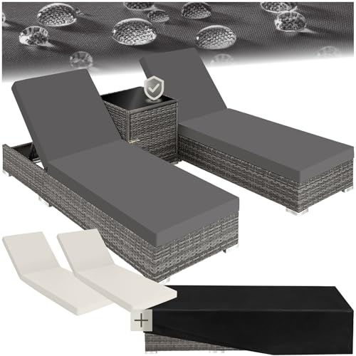 tectake® 2er Lounge Sonnenliegen Plus Tisch – inkl. 2 Bezugsets und Schutzhülle, Outdoor Poly Rattan Gartenmöbel, 2er   grau