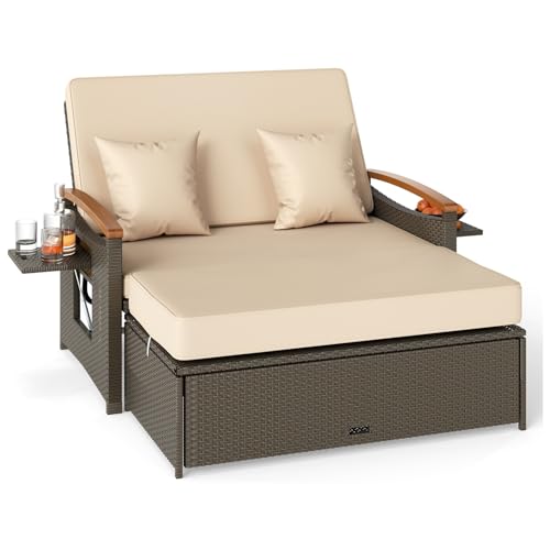 SOARS Lounge Möbel Outdoor, Gartenlounge Hocker, Gartensofa Liegefunktion 2 Sitzer, Balkon Lounge Outdoor Sofa, Balkonmöbel Sonneninsel platzsparend Stauraum