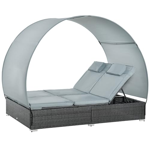 Outsunny Poly Rattan Doppelliege Gartenliege für 2 Personen mit Sonnendach Sonnenliege Polyester Stahl Grau 196 x 137 x 36,5 cm