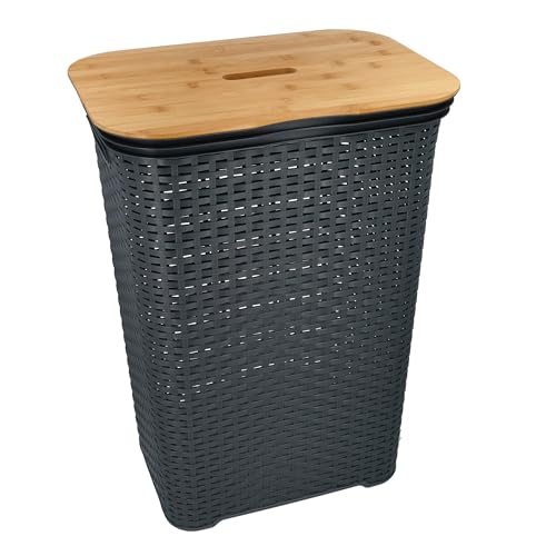 HRB Wäschekorb Bambusdeckel 65 Liter, Wäscheaufbewahrung Kunststoff, Wäsche Sortierer (Anthrazit Bambus)