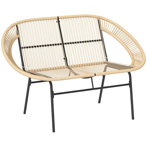 Outsunny 2-Sitzer Gartenbank Polyrattan, wetterfest Sitzbank im Rattanflecht-Design, UV-Beständig Gartenmöbel mit Rückenlehnen, Parkbank 260kg belastbar, für Balkon Terrasse, Garten 126x72x83cm, Khaki