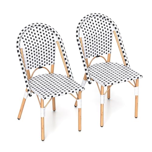 GIANTEX Gartenstuhl für den Außenbereich, 2 Stück, Esszimmerstuhl aus Rattan und Rahmen aus verzinktem Metall, Gartensessel ohne Armlehnen, mit Karomuster, 41 x 57 x 89 cm