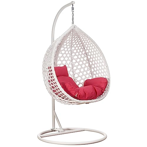 RAMROXX Luxus Hängesessel Style XXL Rattan Korb und Gestell Weiss mit Relaxkissen Pink