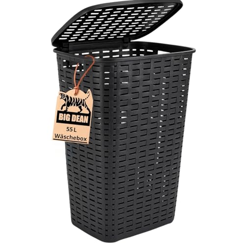 Wäschekorb mit Deckel anthrazit/bräunlich in Rattanoptik XL mit 2 Griffen Wäschetonne Plastik