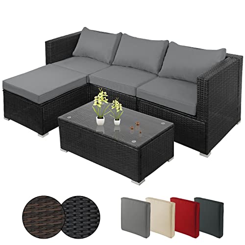 Montafox Poly Rattan Lounge Sitzkissen 8cm Gartenmöbel Ecklounge Frei Kombinierbare Elemente Ecksofa Gartengarnitur Garten Balkon Terrasse Outdoor, Farbe:Titan Schwarz/Kieselstrand