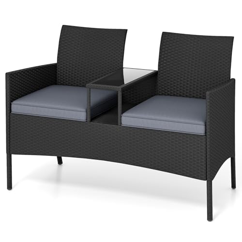 LIFEZEAL Rattan Gartenbank mit Tisch, Gartensessel Gartensofa für 2 Personen, Doppelbank mit Glastisch, 2-Sitzer Bank mit Kissen, Sitzbank Gartensitzbank für Balkon, Terrasse (Grau)