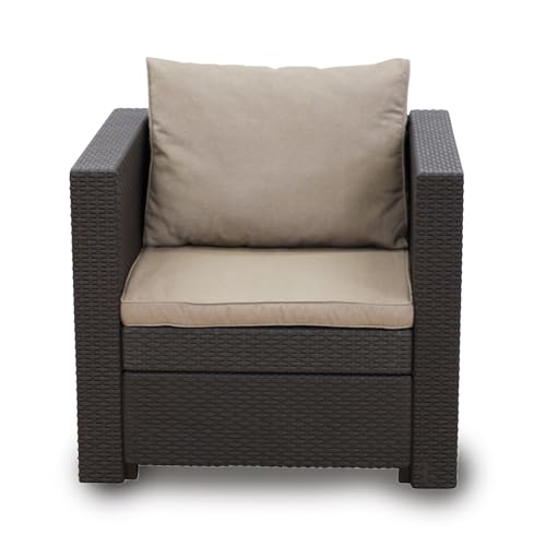 Keter – Loungesessel Rattan Optik in Anthrazit inkl. passendem Sitz  & Rückenkissen in Capuccino   Rattansessel für Balkon, Garten und Terrasse   Produktmaße: T65xB68xH77