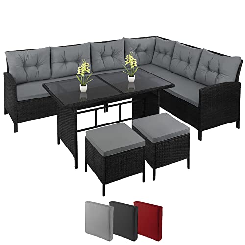 Montafox Poly Ecklounge 7 Personen Eckbank Tisch 2 Hocker Sitzkissen 5cm Gartengarnitur Sitzgruppe Ecksofa Terrasse Sitzecke Eckgarnitur Wintergarten, Farbe:Kieselstrand