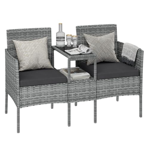 STEELSØN Gartenbank mit Tisch Velara aus Polyrattan, Sitzgruppe für 2 Personen, Balkonmöbel 2er Sofa mit Polster wetterfest, Gartensofa Terrassenmöbel in grau-meliert/anthrazit 81x65x135 cm (HxTxB)