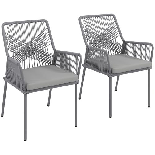 Outsunny 2er Set Gartenstuhl Rattan Gartenmöbel mit Armlehne Rückenlehne abnehmbar Sitzkissen wetterfest Outdoor Essstühle Gartenstühle Balkonstuhl Rattanstuhl für Garten Balkon Terrasse Dunkelgrau