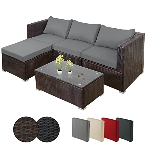 Montafox Poly Rattan Sitzkissen 8cm Gartenmöbel Ecklounge Frei Kombinierbare Elemente Ecksofa Gartengarnitur Garten Terrasse Outdoor, Farbe:Schwarz Braun meliert/Kieselstrand