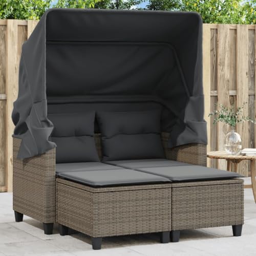 HUAKEHOM Gartensofa 2-Sitzer mit Dach und Hockern Outdoor Sofa Gartenmöbel Garten Lounge Set Terrasse Terrassenmöbel Zweisitzer Grau Poly Rattan