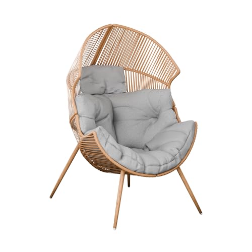 Summery, Rattansessel Wetterfest, Gartensessel mit Sitzkissen, Balkonsessel, für Terrasse, Wasserbeständiges Kissen, Grau Gepolstert, Korbform, Max.130kg, ZENJOY Furniture