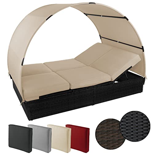 Montafox Sonnenliege Poly Rattan Doppelbett 200 x 140 cm Gartenliege 10cm Auflagen Dach Sonnendach Rücken/Fußelemente Verstellbar Doppelliege, Farbe:Titan Schwarz/Sandstrand