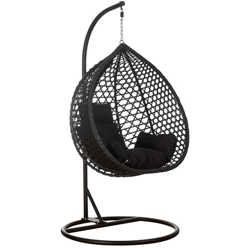 Luxus Hängesessel Style XXL Rattan Korb Gestell Schwarz mit Relaxkissen Schwarz