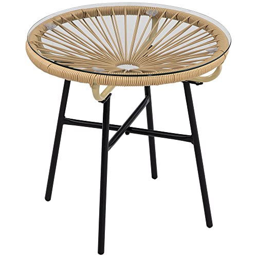 Outsunny Beistelltisch aus PE Rattan runder Couchtisch mit Glastischplatte Tablett Gartentisch Gartenmöbel Kaffeetisch Sofatisch Bistrotisch für Garten Terrasse Balkon, 50 x 50 x 50 cm, Beige