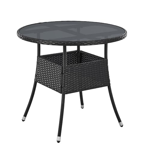 Juskys Polyrattan Gartentisch Yoro wetterfest - Balkontisch Ø 80 cm rund - Rattan Beistelltisch mit Glasplatte - Kleiner Tisch für Balkon - Schwarz