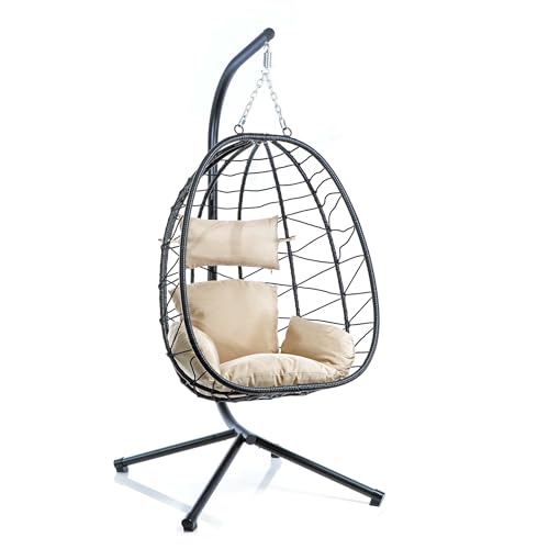 Wiltec Hängesessel für Indoor und Outdoor, Hängestuhl aus Rattan, Korbsessel bis 130 kg, Hängeschaukel mit Gestell und Sitzkissen