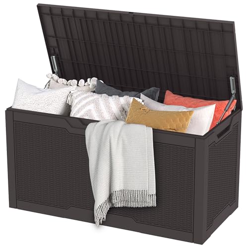 DWVO Gartenbox Auflagenbox Aufbewahrungsbox Kissenbox Outdoor Gartentruhe|Moderne Rattan|Wasserdicht Gasdruckfeder|Für Sitzauflagen Gartengeräte & Kinderspielzeug|380 Liter 115.4x55x58.3cm|Dunkelbraun