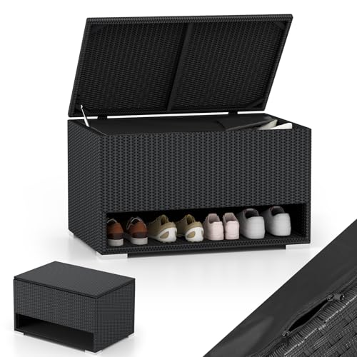 HOMASIS 186L Auflagenbox mit Schuhregal, XXL Gartenbox PE-Rattan Outdoor Wetterfest, Aufbewahrungsbox mit Schutzliner & Deckel, Kissenbox Kissentruhe Auflagentruhe Gartentruhe, 95x60x58cm (Schwarz)