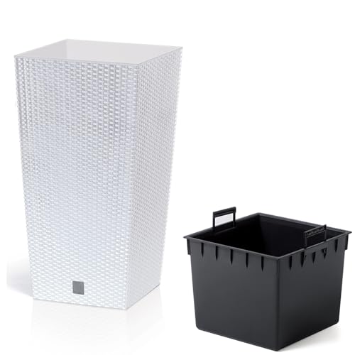 Prosperplast Rato Square Blumentopf 26,5 x 26,5 x 50 cm Weiß | Moderner Pflanzkübel in Rattan Optik | Eckiger Übertopf mit Einsatz | Wetterfester Kunststoff für Balkon, Terrasse & Wohnung
