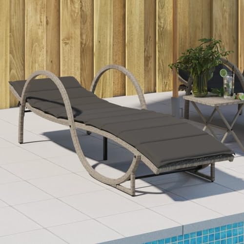JHQHSM SONNENLIEGE MIT Auflage HELLGRAU 60x199x42 cm Poly Rattan - Gartenliege mit Verstellbarer Rückenlehne und Polsterkissen, wetterbeständiger PE-Rattan und Stahlrahmen