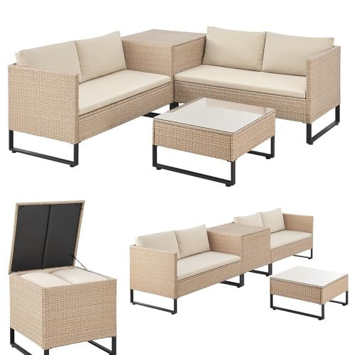 Juskys Outdoor Santorini   Beistelltisch & Auflagenbox   Gartenmöbel Rattan Sitzecke wetterfest   Creme