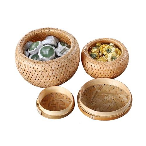 Juwacoo 2 Pack Aufbewahrungsboxen mit Deckel, Handgefertigten Rattan Korb Körbchen, Kisten Aufbewahrung Aufbewahrungskorb Rund, Bambus Korb mit Deckel Geflochten
