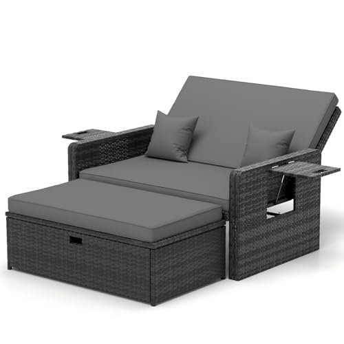 UDPATIO Möbel Outdoor, Balkonmöbel Gartensofa Hocker,Rattan Sofa Stauraum, Verstellbares 2 Sitzer Bett für Terrasse,Balkon,Garten,Grau meliert & Dunkelgraue Bezüge