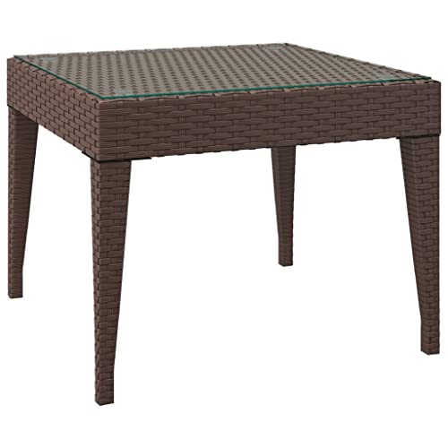 vidaXL Beistelltisch, Tisch mit pulverbeschichtetem Stahlrahmen, Couchtisch für Außenbereich Innenbereich, Gartentisch Terrassentisch, Braun Poly Rattan Hartglas