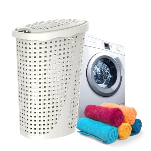 Wäschekorb Wäschesammler Wäschekorb mit Deckel plastik Wäschetonne Wäschetruhe weiß Wäschebox mit Deckel 31 x 40 x 60 cm 43 L Rattan Optik