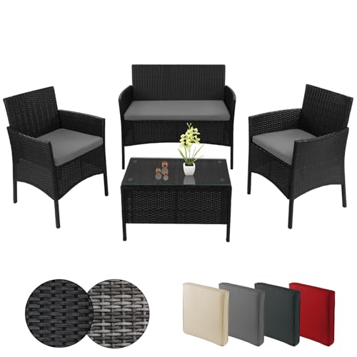 BB Sport Poly Rattan Sitzgruppe 4 Personen Tisch 2 Stühle Sitzbank 5cm Dicke Sitzpolster Balkonmöbel Set Sitzgarnitur Balkon Terrasse Garten Outdoor, Farbe:Titan Schwarz/Kieselstrand