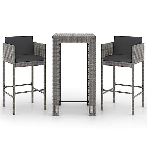 vidaXL Gartenbar Set 3-TLG. mit Kissen Theke Bar Tresen Gartentheke Bartisch Stehtisch Barhocker Barstuhl Gartenmöbel Poly Rattan Grau