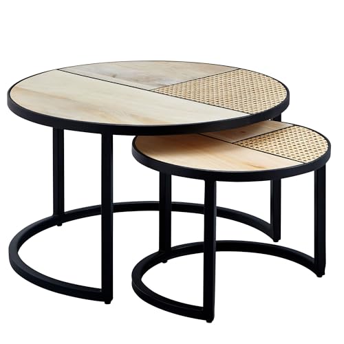 FineBuy Design Wohnzimmertisch 2er Set Mango/Rattan Beistelltisch Rund, Couchtisch Wiener Geflecht, Tischset 2-teilig mit Metallbeine, Satztisch Holz/Metall