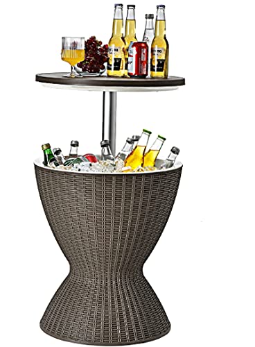 GIANTEX Kühlbox/Beistelltisch Polyrattan, 30 L Getränkekühler Cool Stool in Rattanoptik, Kühlbox mit Deckel & Abflussloch, Gartentisch höhenverstellbar (Hellbraun)