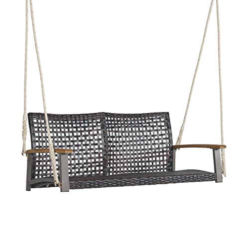COSTWAY Schaukelbank 2, Hängebank PE, zum Aufhängen, Akazienholz Armlehnen, 360 kg Belastbarkeit, Schaukel für & Garten & Balkon