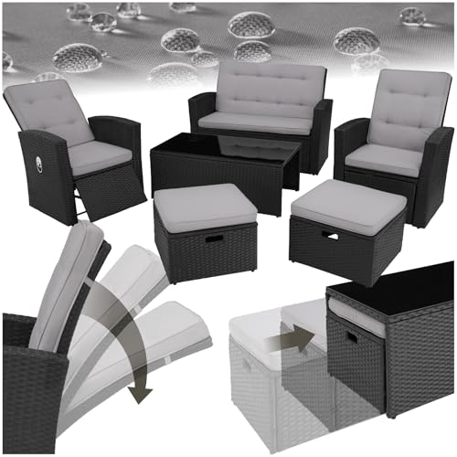 tectake® Balkon Lounge Sitzgruppe für 6 Personen, 2 gemütliche Sessel, 2 Hocker, 1 Couch, 1 Tisch mit Glasplatte, Poly Rattan Geflecht, Gartenmöbel Set, Balkonmöbel, Loungemöbel wetterfest - schwarz
