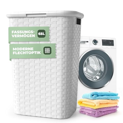Wäschekorb Deckel   Wäschebox in Flechtoptik 65 L   Wäschesammler Kunststoff seitl. Griffen   Platzsparende Wäschesammelbox für Badezimmer & Wohnräume   Wäschetonne weiß