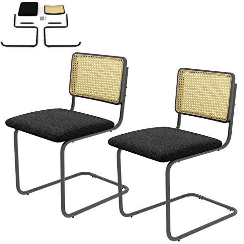 Mid Century Gepolsterte Esszimmerstühle mit Rattan Rückenlehne, Metallrahmen, Freischwinger für Wohn  und Esszimmer, moderne Küchenstühle mit rutschfesten Fußpolstern