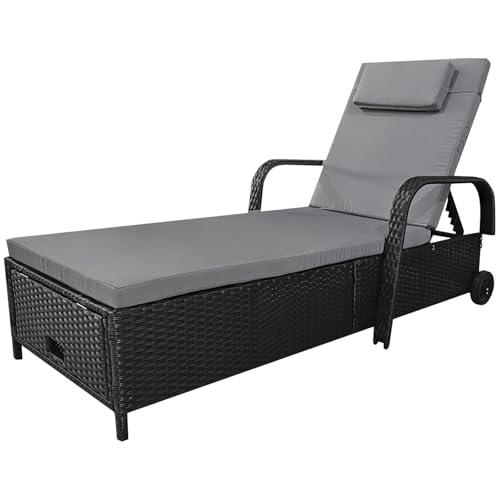 Calma Lux® Gartenliege Stauraum neigbarer Rückenlehne Gartenmöbel Liege mobil Kissen, Polyrattan+Metall, 200 x 75 x 30 92 cm (Schwarz/Grau)